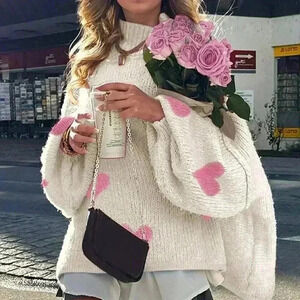 Beige Casual Women's Heart Pattern Drop Shoulder Oversize Lantern Sleeve Sweater